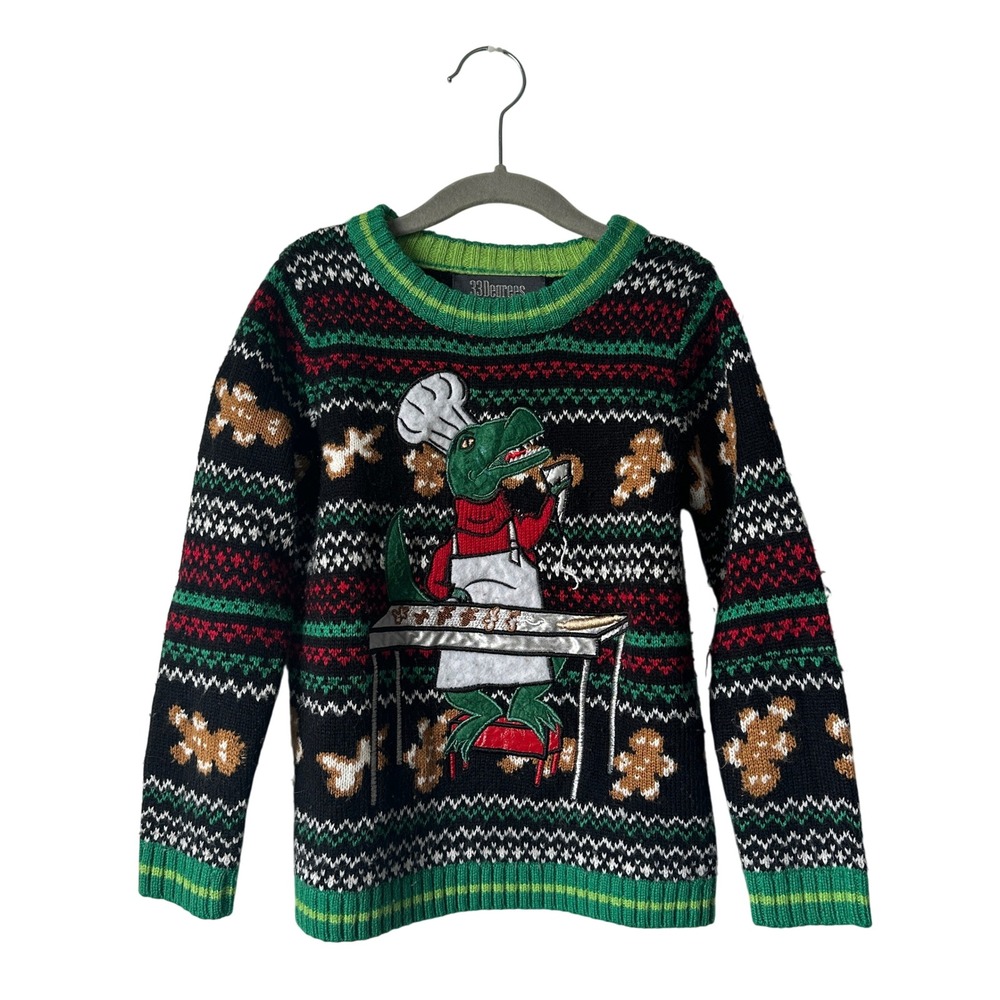 33Degrees Kids M(5) Ugly Christmas Sweater T-Rex Dinosaur Chef Gingerbread Black